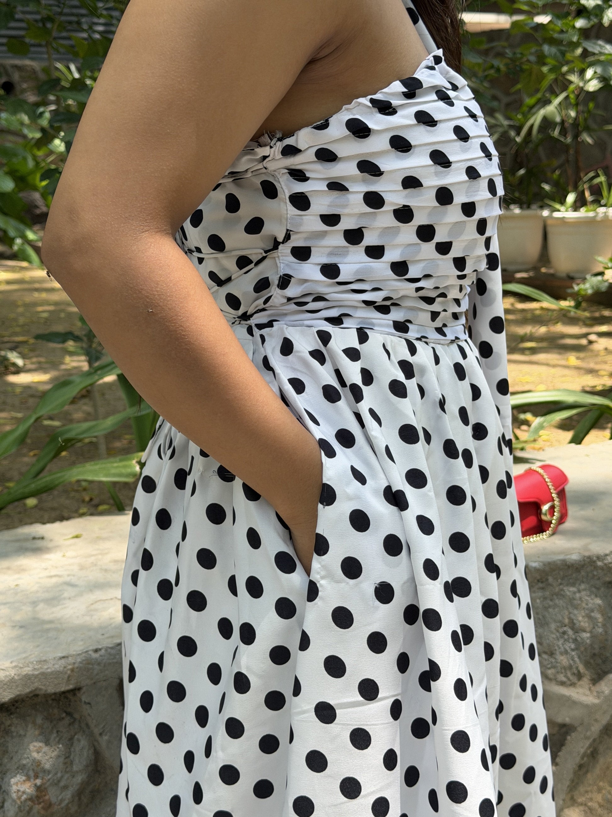 White Black Diva Polka Dots Dress with Scarf Scoopstyle