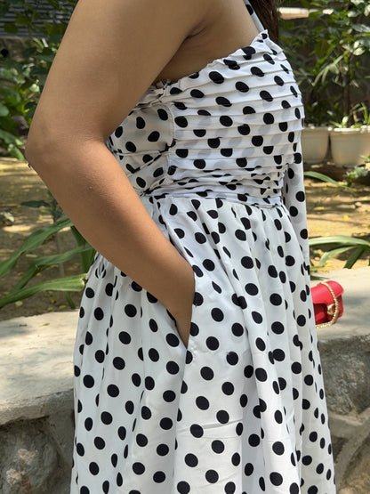White Black Diva Polka Dots Dress with Scarf Scoopstyle