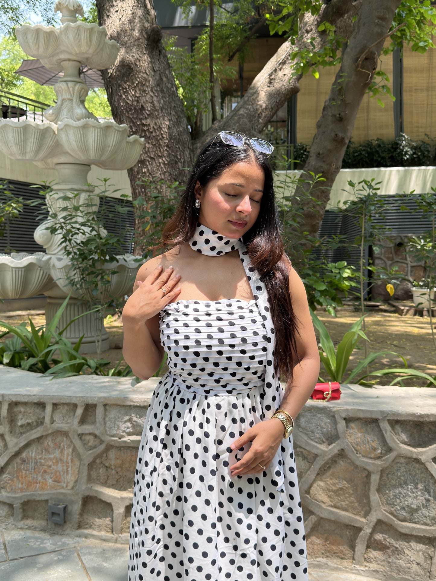 White Black Diva Polka Dots Dress with Scarf Scoopstyle