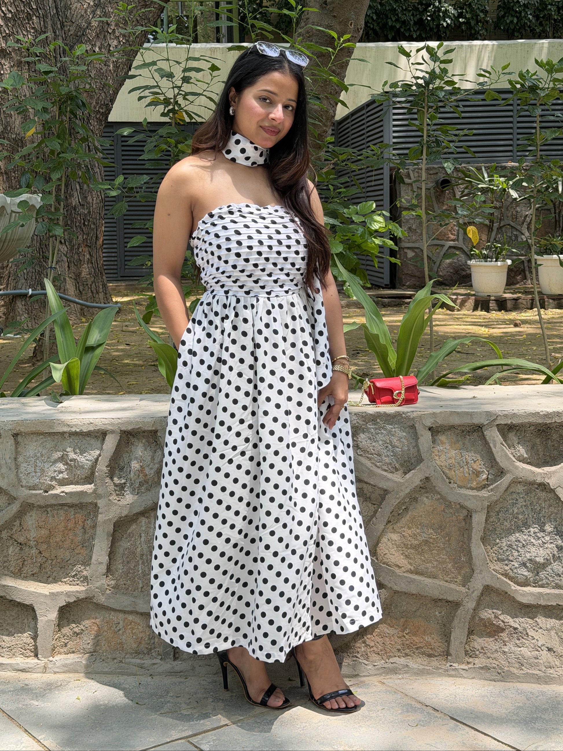 White Black Diva Polka Dots Dress with Scarf Scoopstyle