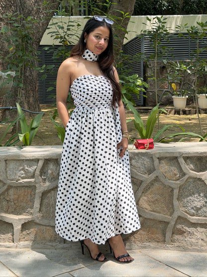 White Black Diva Polka Dots Dress with Scarf Scoopstyle