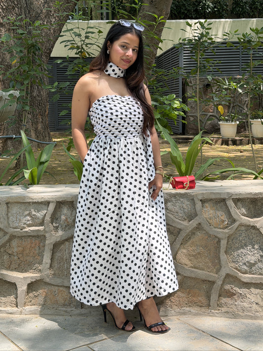 White Black Diva Polka Dots Dress with Scarf Scoopstyle