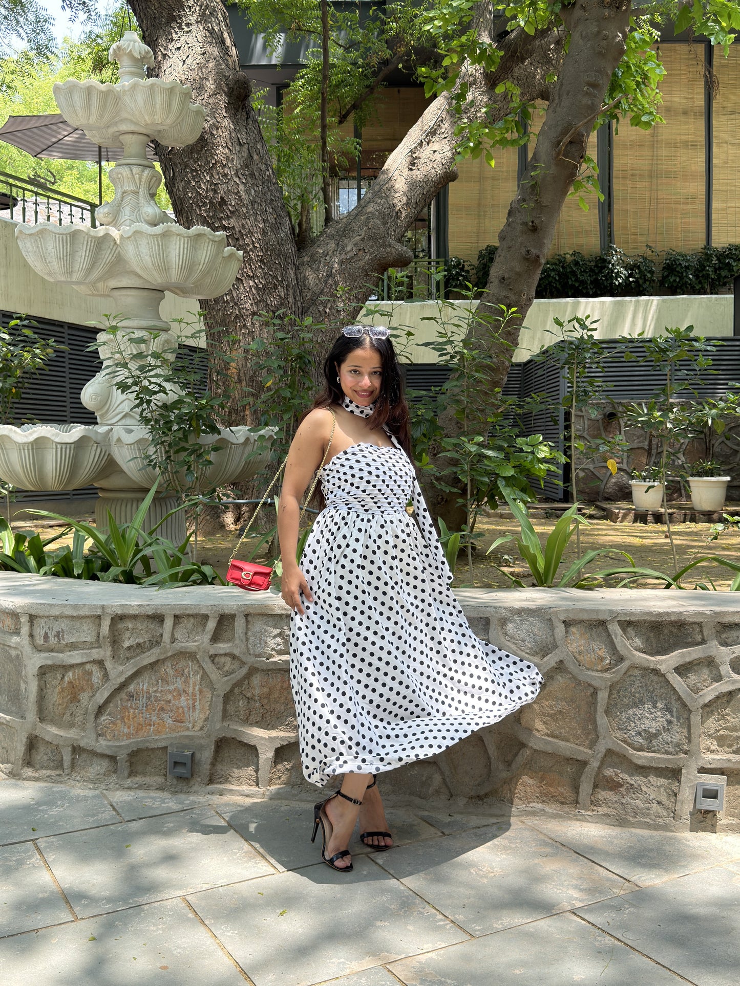 White Black Diva Polka Dots Dress with Scarf Scoopstyle