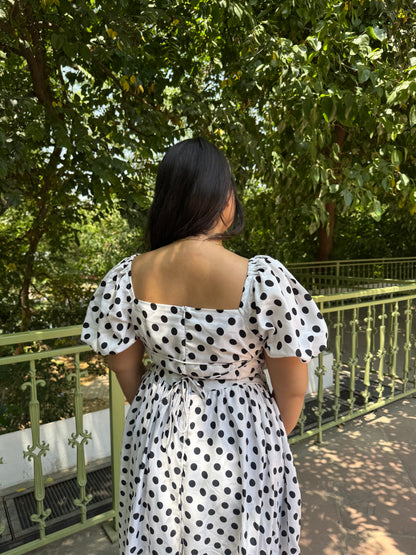 White Black Polka Dots Dress with Sleeves