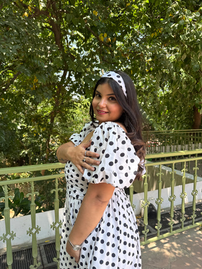 White Black Polka Dots Dress with Sleeves