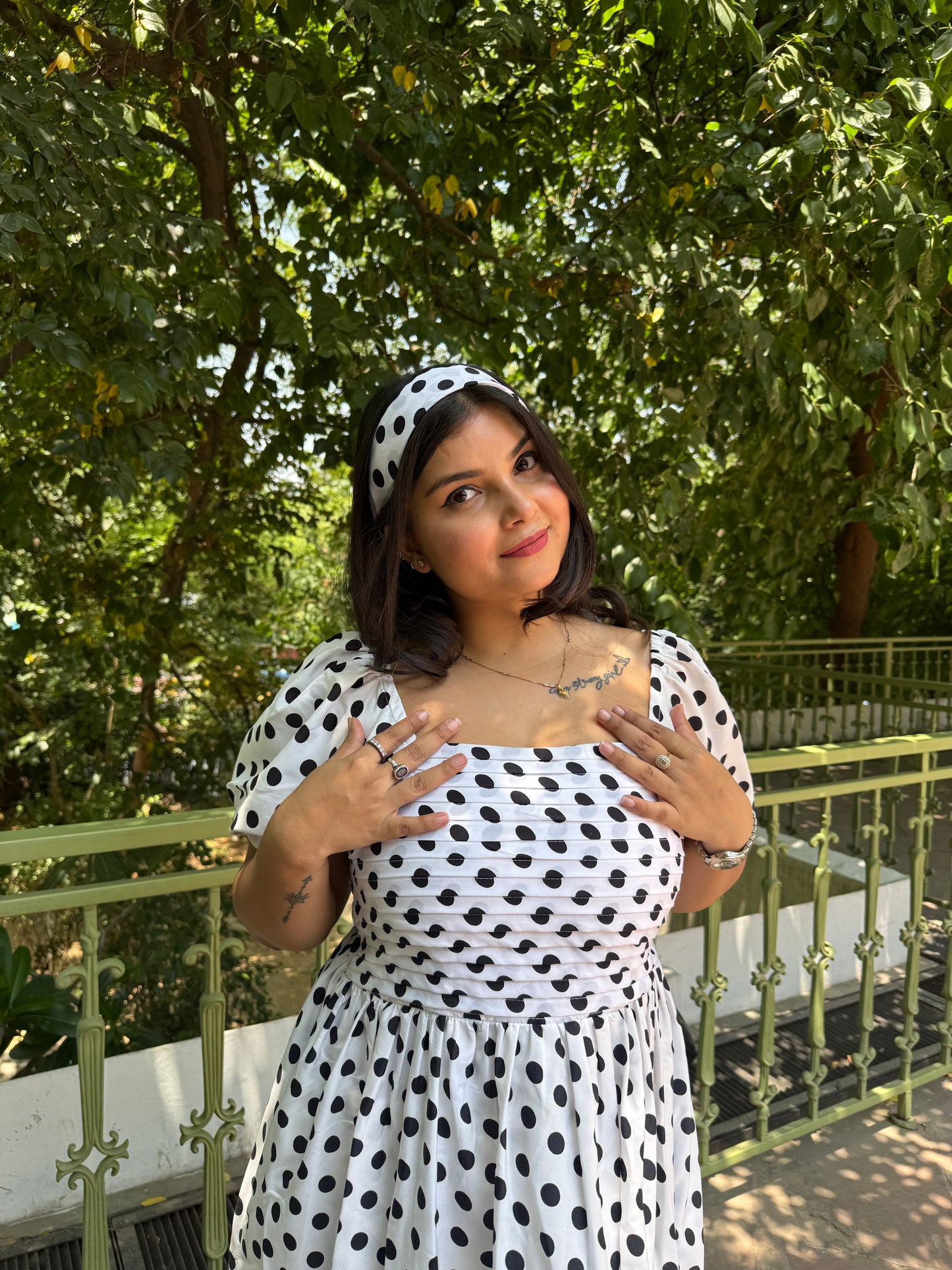 White Black Polka Dots Dress with Sleeves