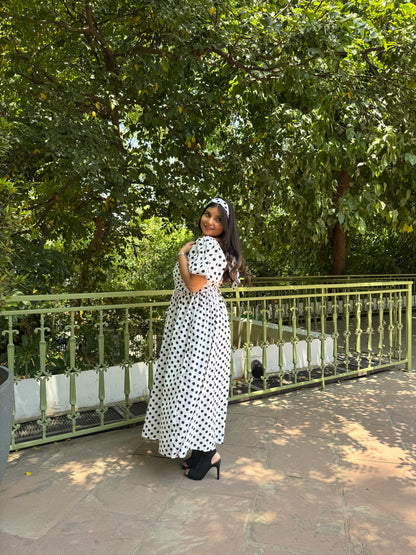 White Black Polka Dots Dress with Sleeves