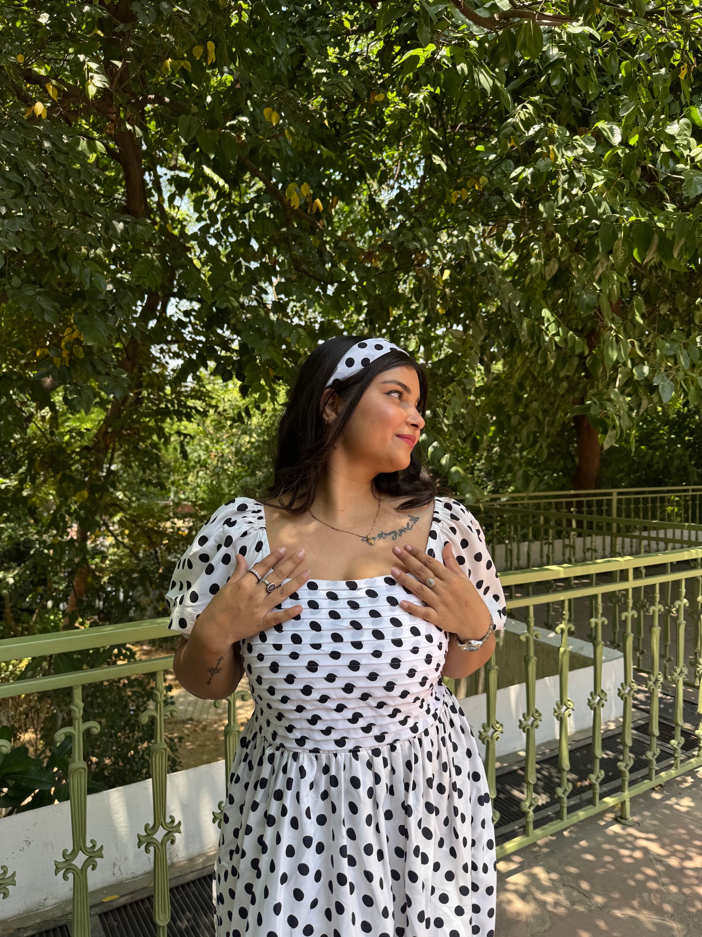 White Black Polka Dots Dress with Sleeves