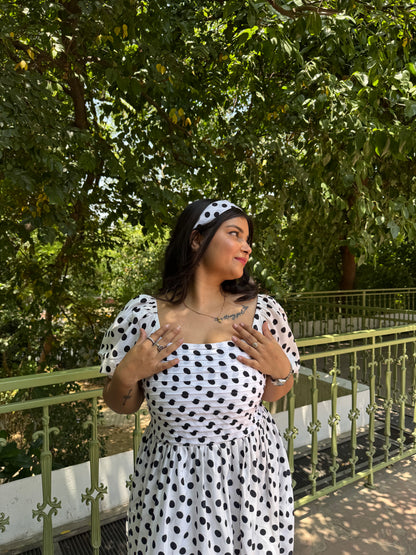 White Black Polka Dots Dress with Sleeves