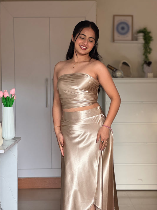 Golden Satin Co-ord Set for Women | Luxury Two-Piece Outfit – ScoopStyle