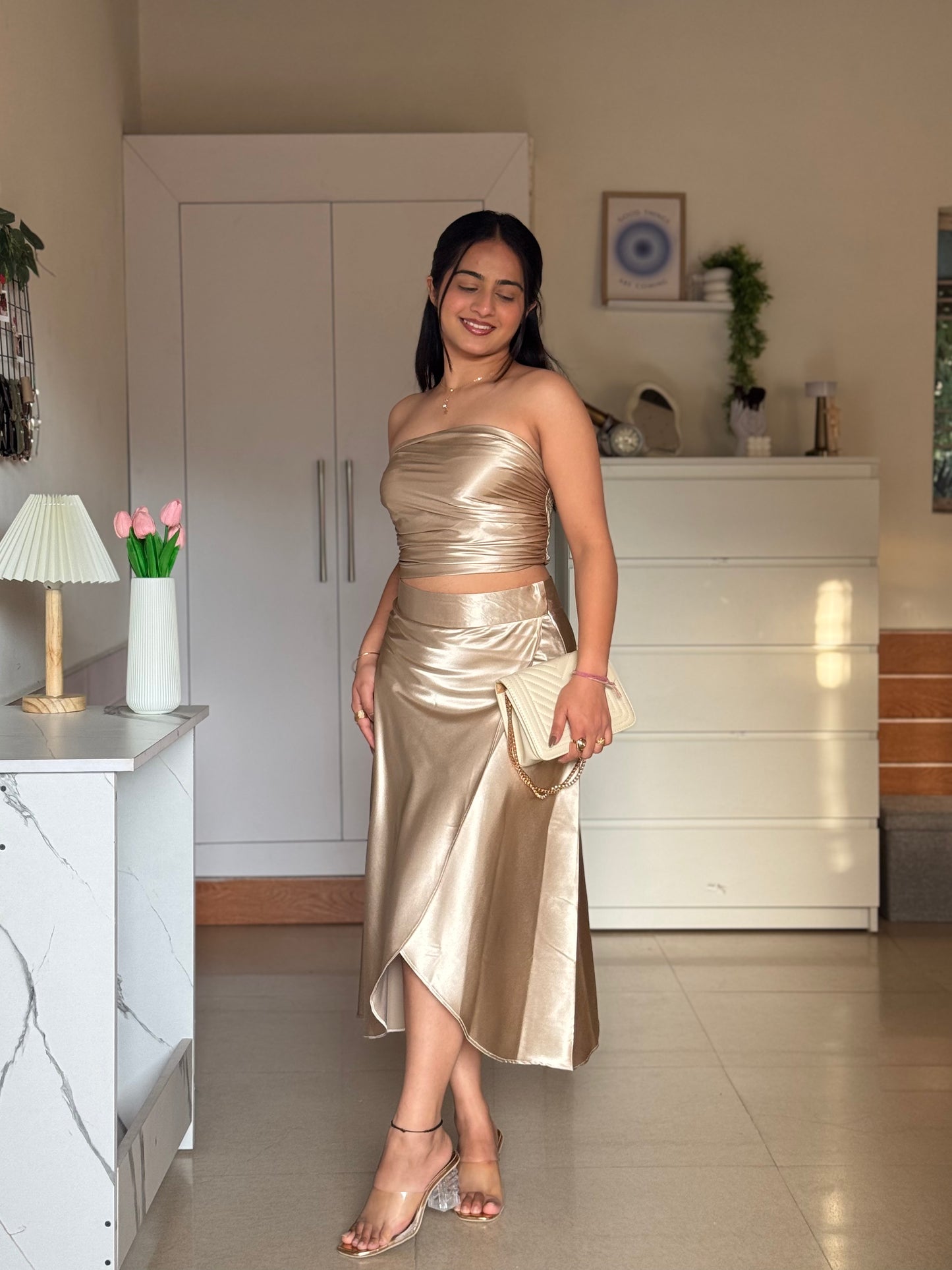 Golden Satin Co-ord Set for Women | Luxury Two-Piece Outfit – ScoopStyle