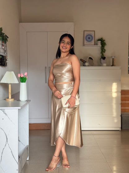 Golden Satin Co-ord Set for Women | Luxury Two-Piece Outfit – ScoopStyle