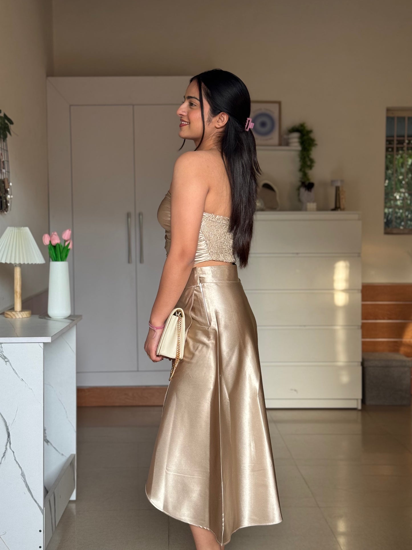 Golden Satin Co-ord Set for Women | Luxury Two-Piece Outfit – ScoopStyle