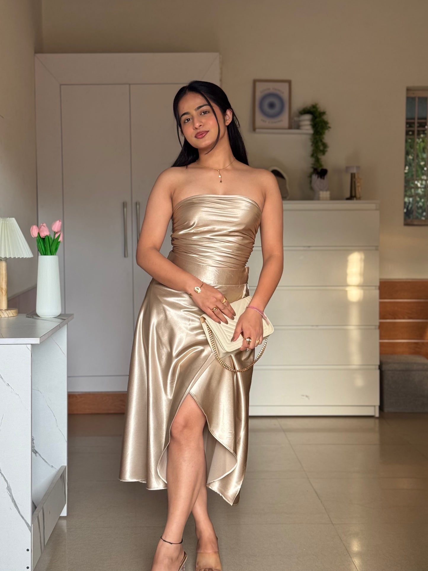 Golden Satin Co-ord Set for Women | Luxury Two-Piece Outfit – ScoopStyle