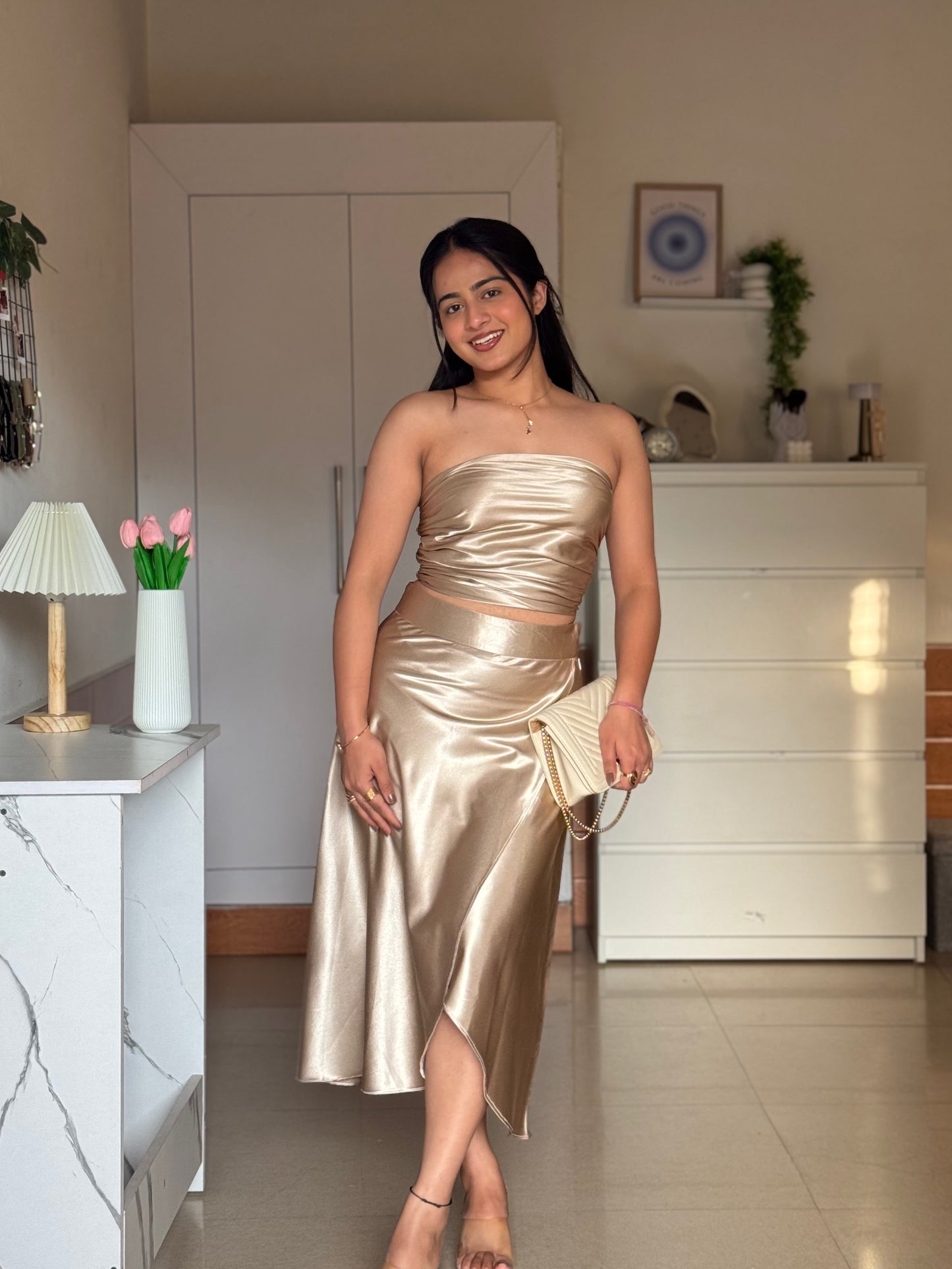 Golden Satin Co-ord Set for Women | Luxury Two-Piece Outfit – ScoopStyle