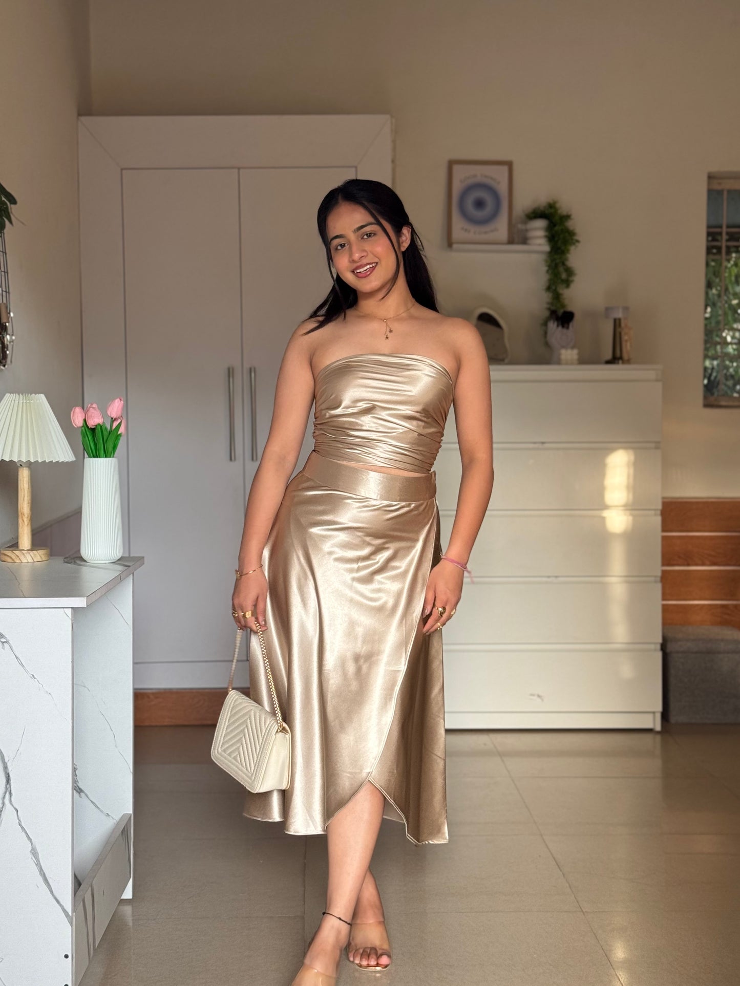 Golden Satin Co-ord Set for Women | Luxury Two-Piece Outfit – ScoopStyle