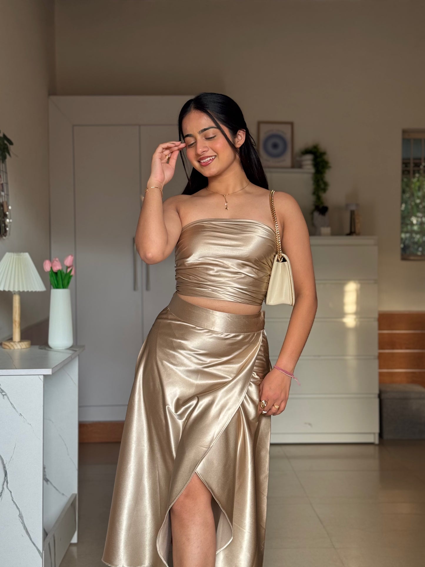 Golden Satin Co-ord Set for Women | Luxury Two-Piece Outfit – ScoopStyle