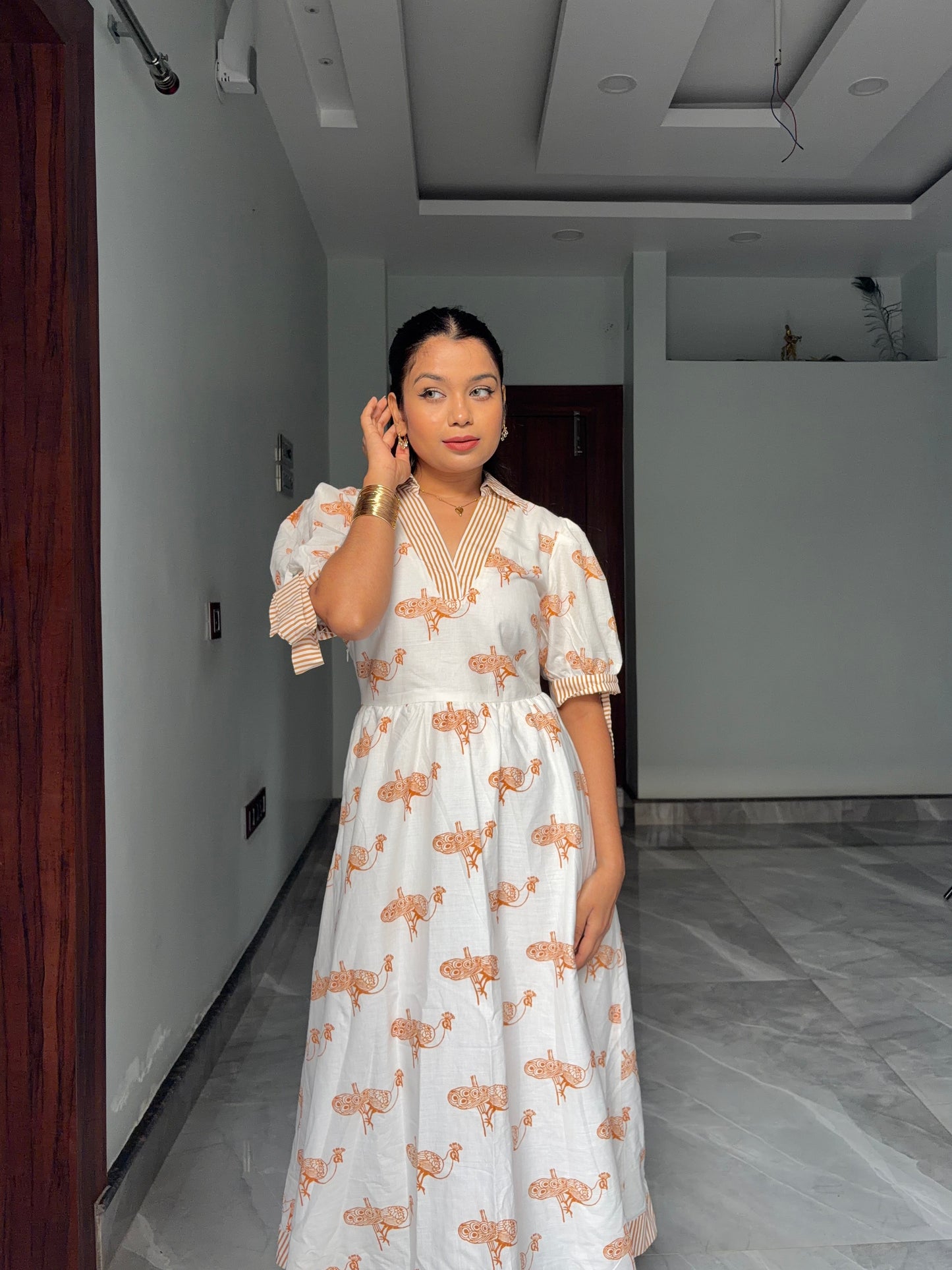 Ivory Mayura Midi Dress with sleeves Scoopstyle