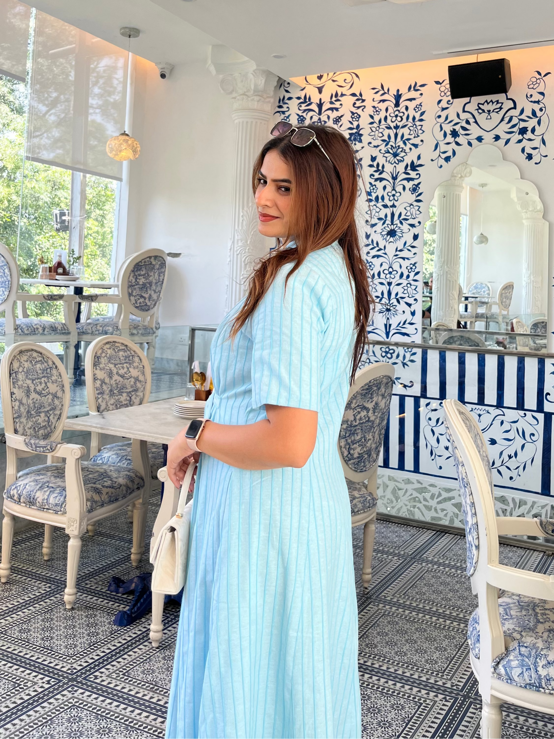 Sky Blue 3D Stripe Belted Midi Dress Scoopstyle