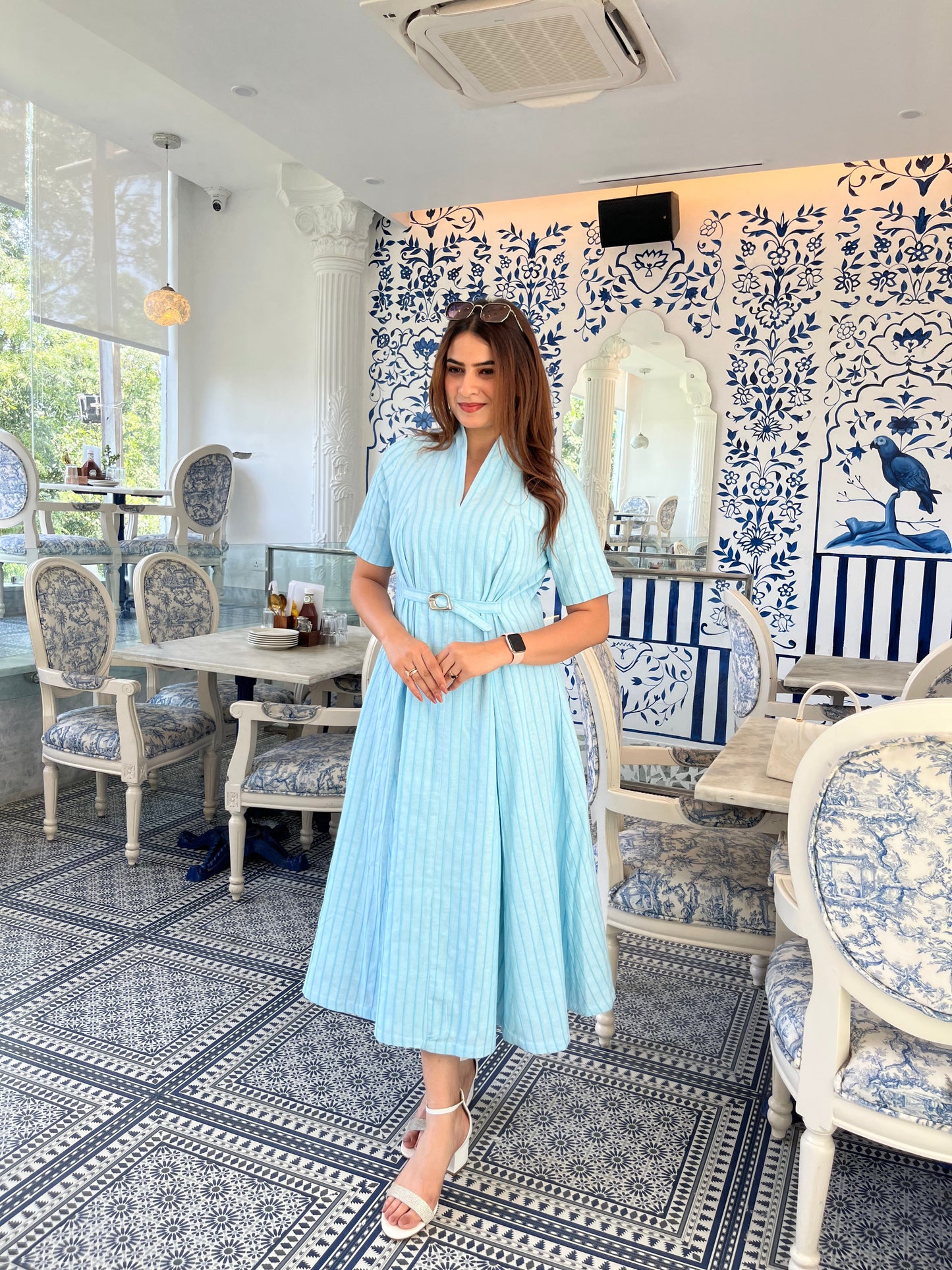 Sky Blue 3D Stripe Belted Midi Dress Scoopstyle