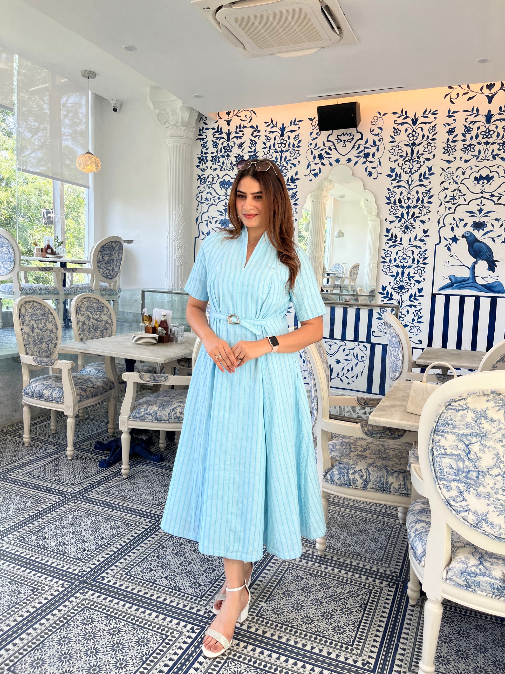 Sky Blue 3D Stripe Belted Midi Dress Scoopstyle