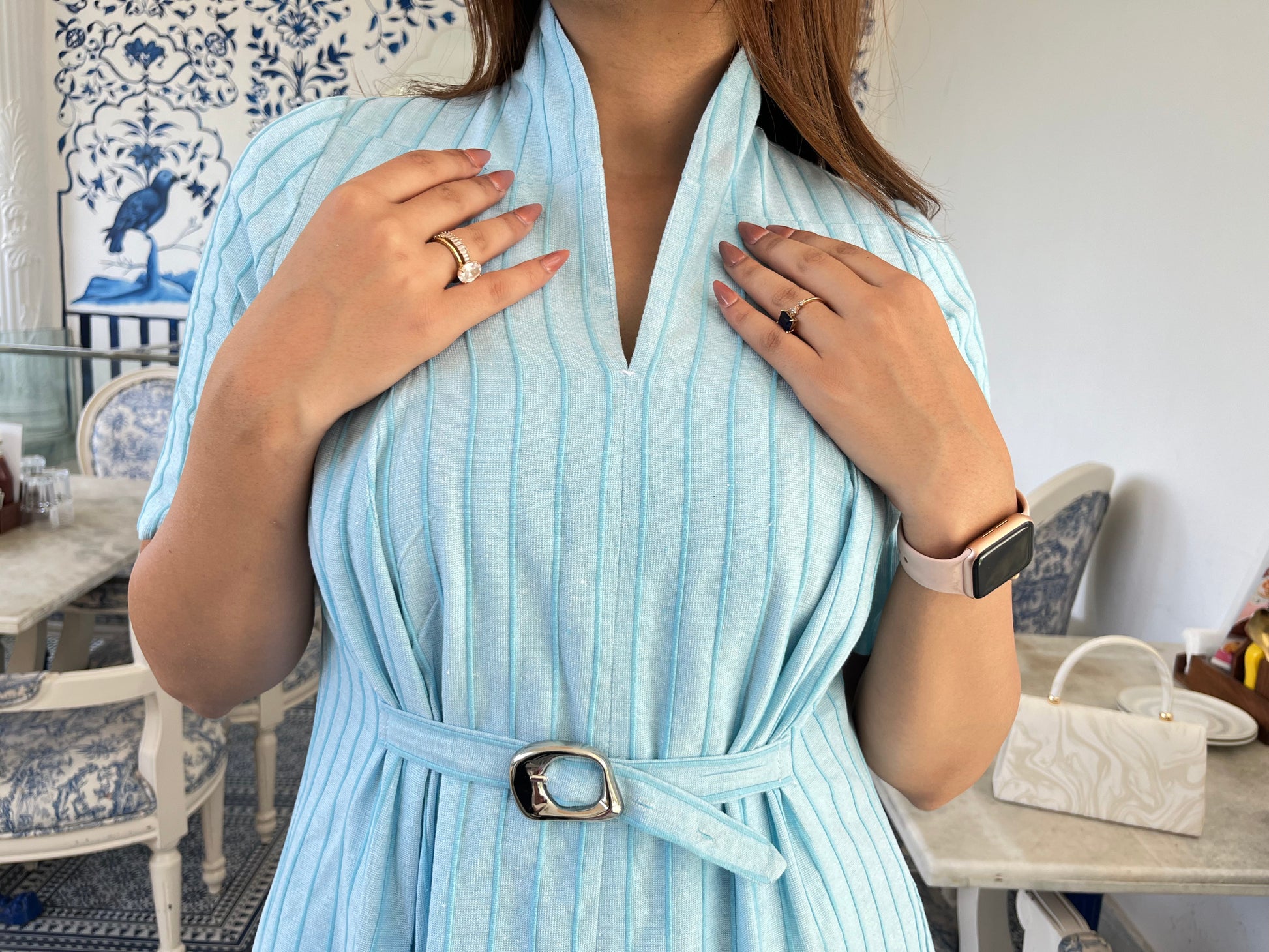 Sky Blue 3D Stripe Belted Midi Dress Scoopstyle