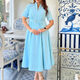 Sky Blue 3D Stripe Belted Midi Dress