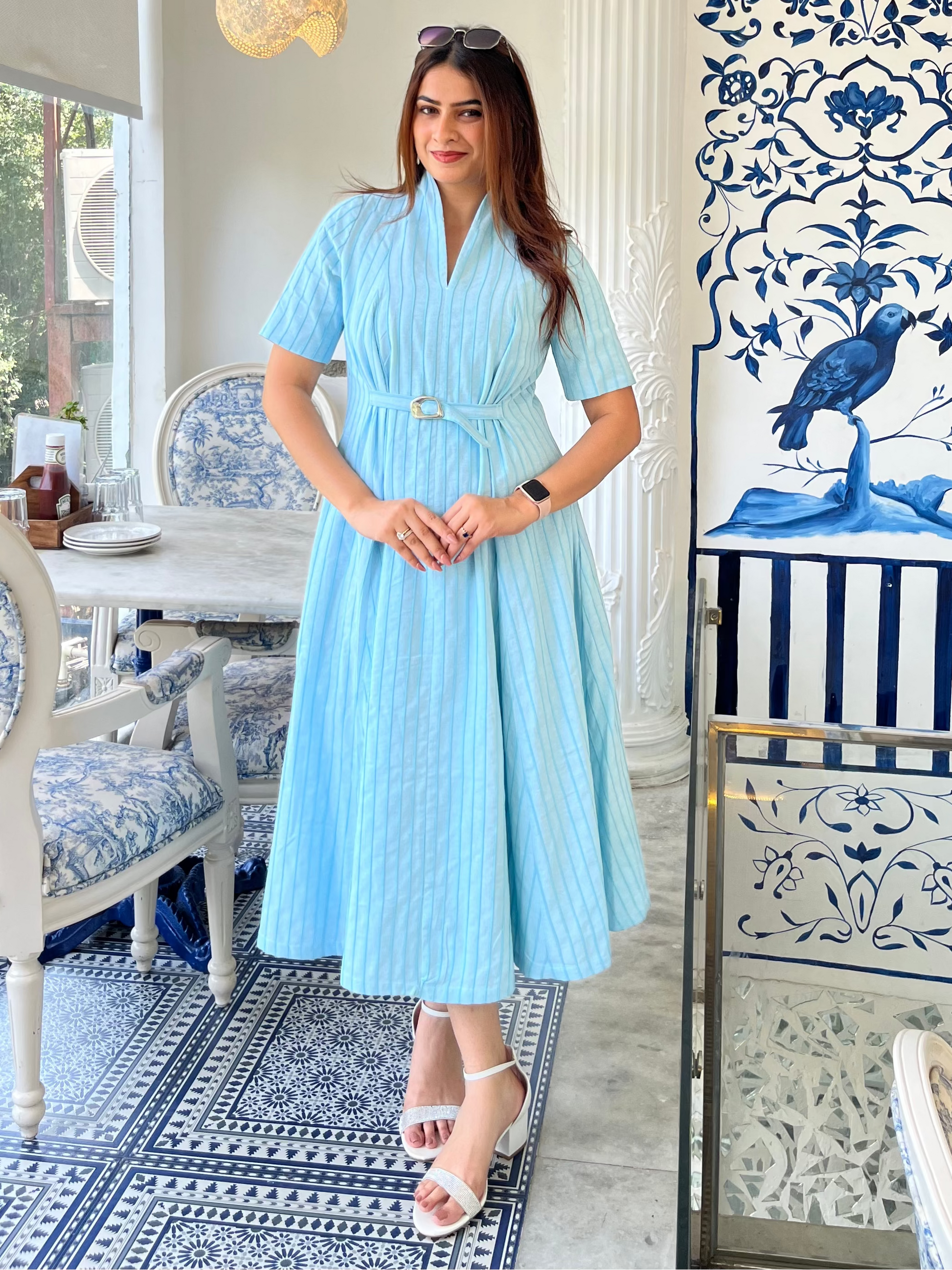Sky Blue 3D Stripe Belted Midi Dress Scoopstyle