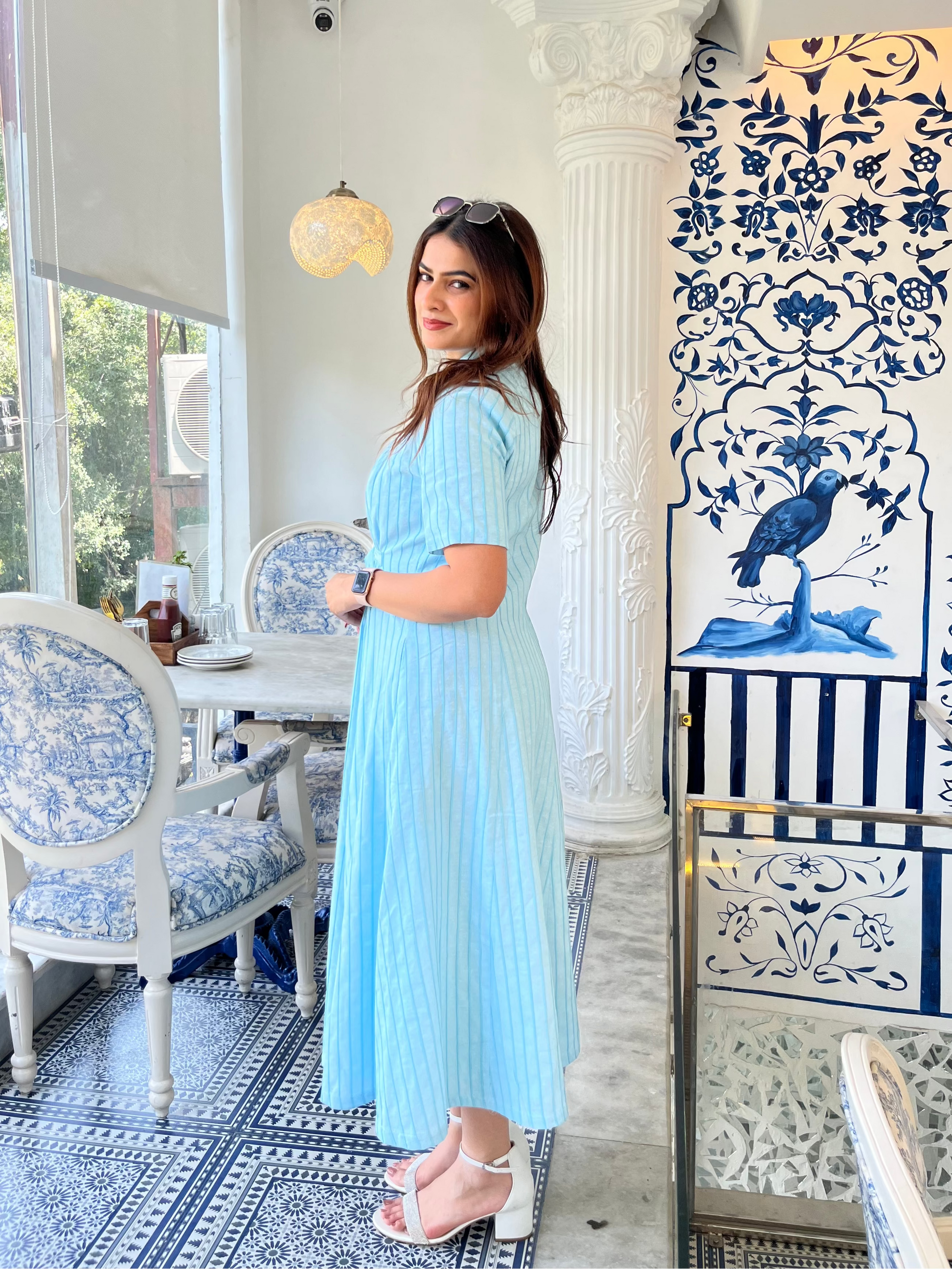 Sky Blue 3D Stripe Belted Midi Dress Scoopstyle