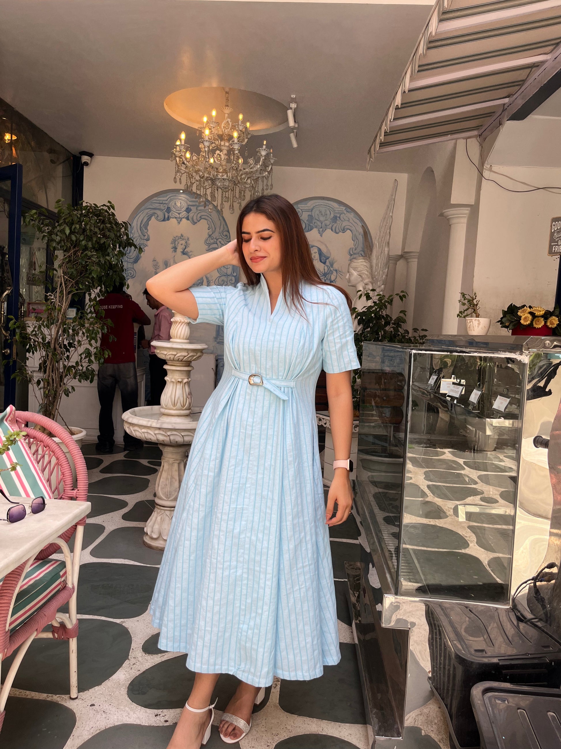 Sky Blue 3D Stripe Belted Midi Dress Scoopstyle