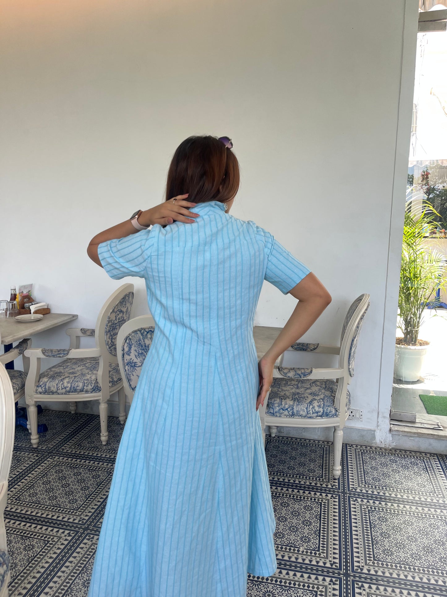 Sky Blue 3D Stripe Belted Midi Dress Scoopstyle