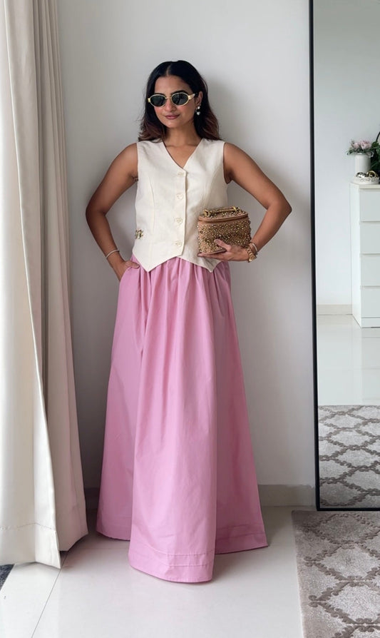 Laya Pink Co-ord Set | Linen Waistcoat & Pink Cotton Poplin Maxi Skirt | Women’s Fusion Wear