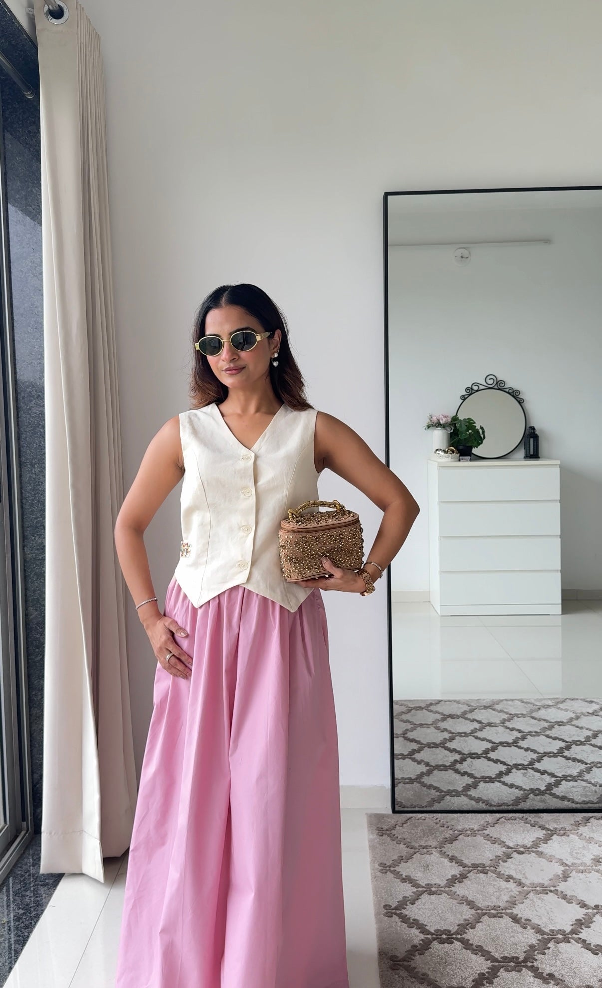 Laya Pink Co-ord Set | Linen Waistcoat & Pink Cotton Poplin Maxi Skirt | Women’s Fusion Wear