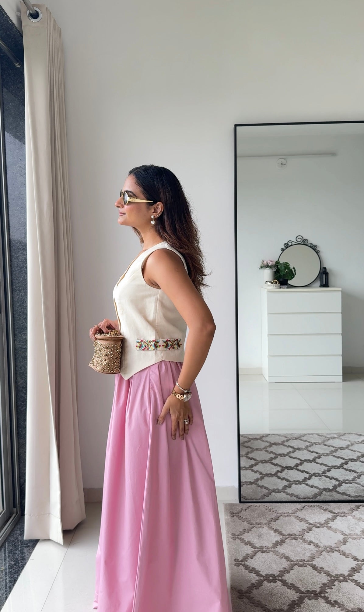 Laya Pink Co-ord Set | Linen Waistcoat & Pink Cotton Poplin Maxi Skirt | Women’s Fusion Wear
