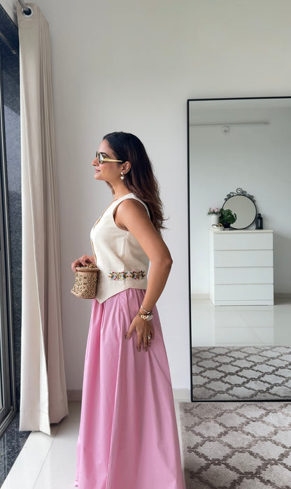 Laya Pink Co-ord Set | Linen Waistcoat & Pink Cotton Poplin Maxi Skirt | Women’s Fusion Wear