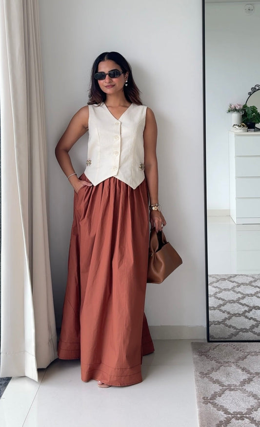 Laya Co-ord Set | Cotton Linen Waistcoat & Brown Cotton Poplin Maxi Skirt | Women’s Fusion Wear