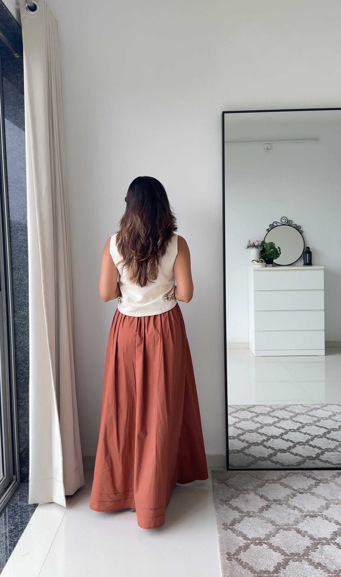 Laya Co-ord Set | Cotton Linen Waistcoat & Brown Cotton Poplin Maxi Skirt | Women’s Fusion Wear