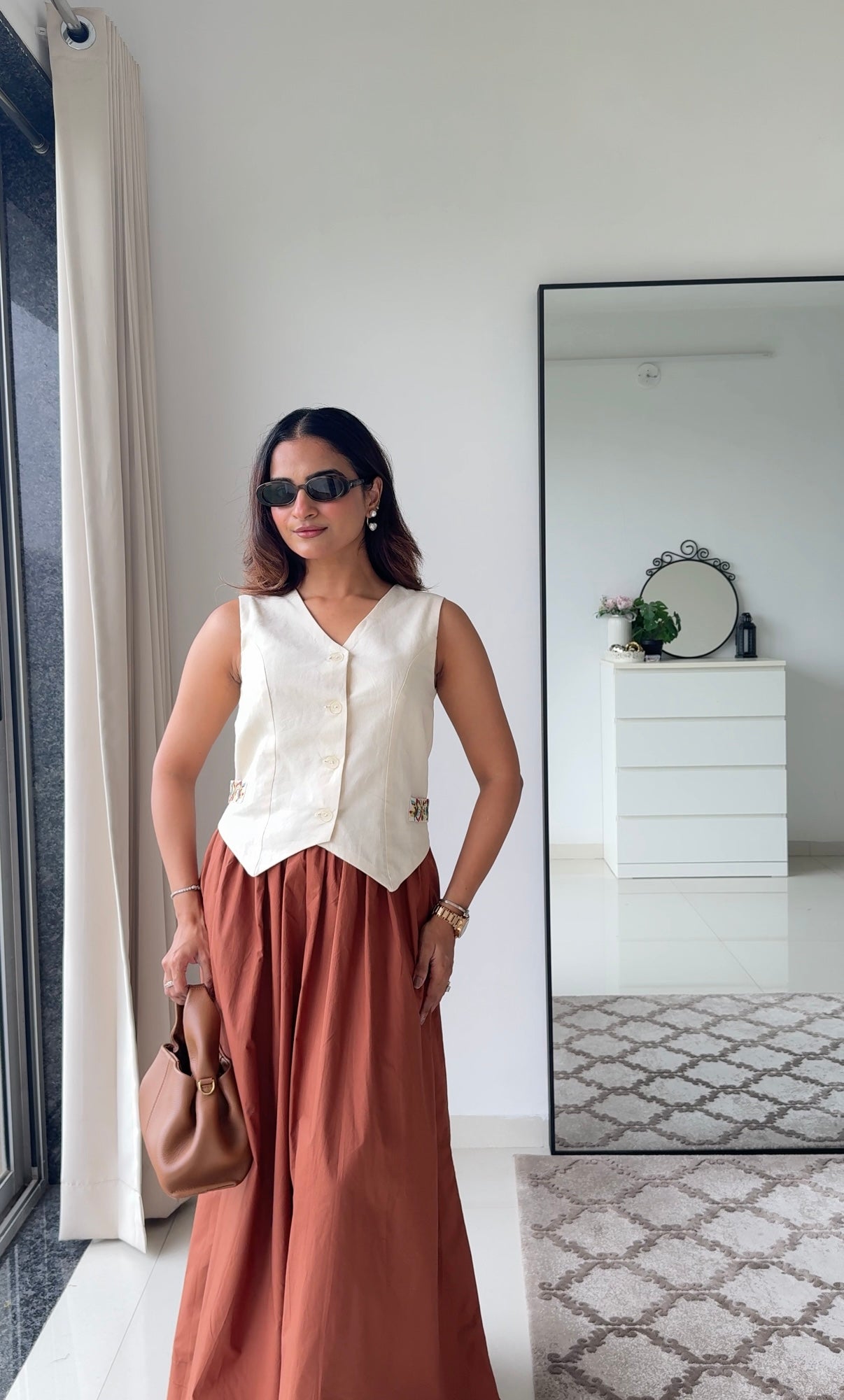 Laya Co-ord Set | Cotton Linen Waistcoat & Brown Cotton Poplin Maxi Skirt | Women’s Fusion Wear