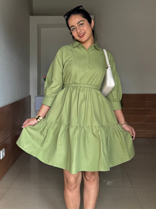 Syra Green Shirt Dress with Braided Stripes Belt Scoopstyle