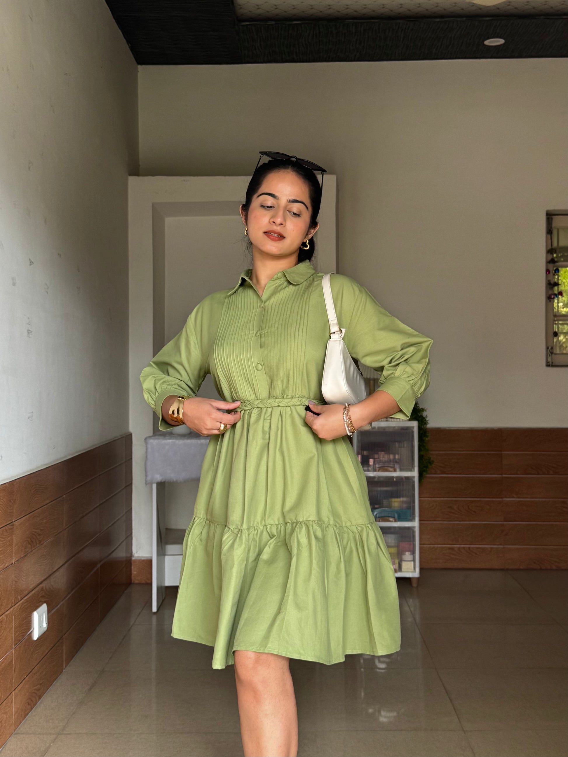 Syra Green Shirt Dress with Braided Stripes Belt Scoopstyle