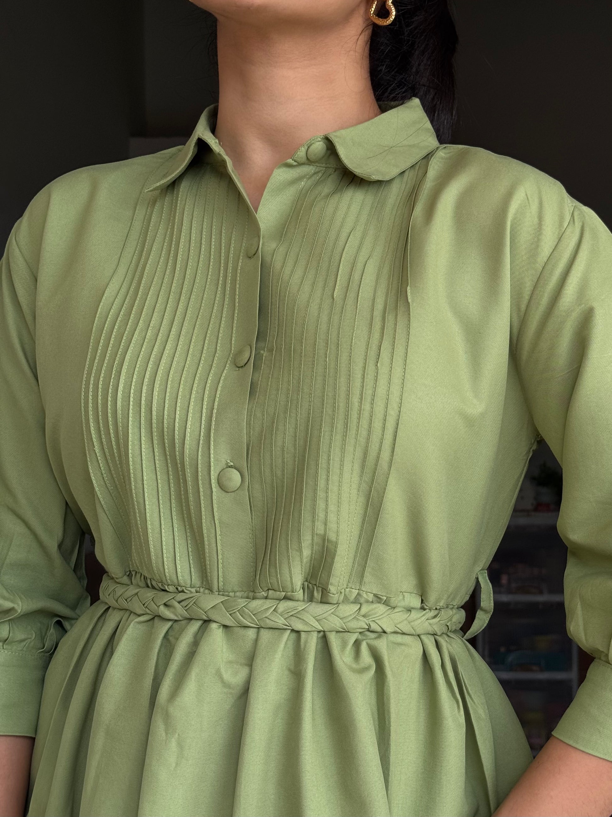 Syra Green Shirt Dress with Braided Stripes Belt Scoopstyle
