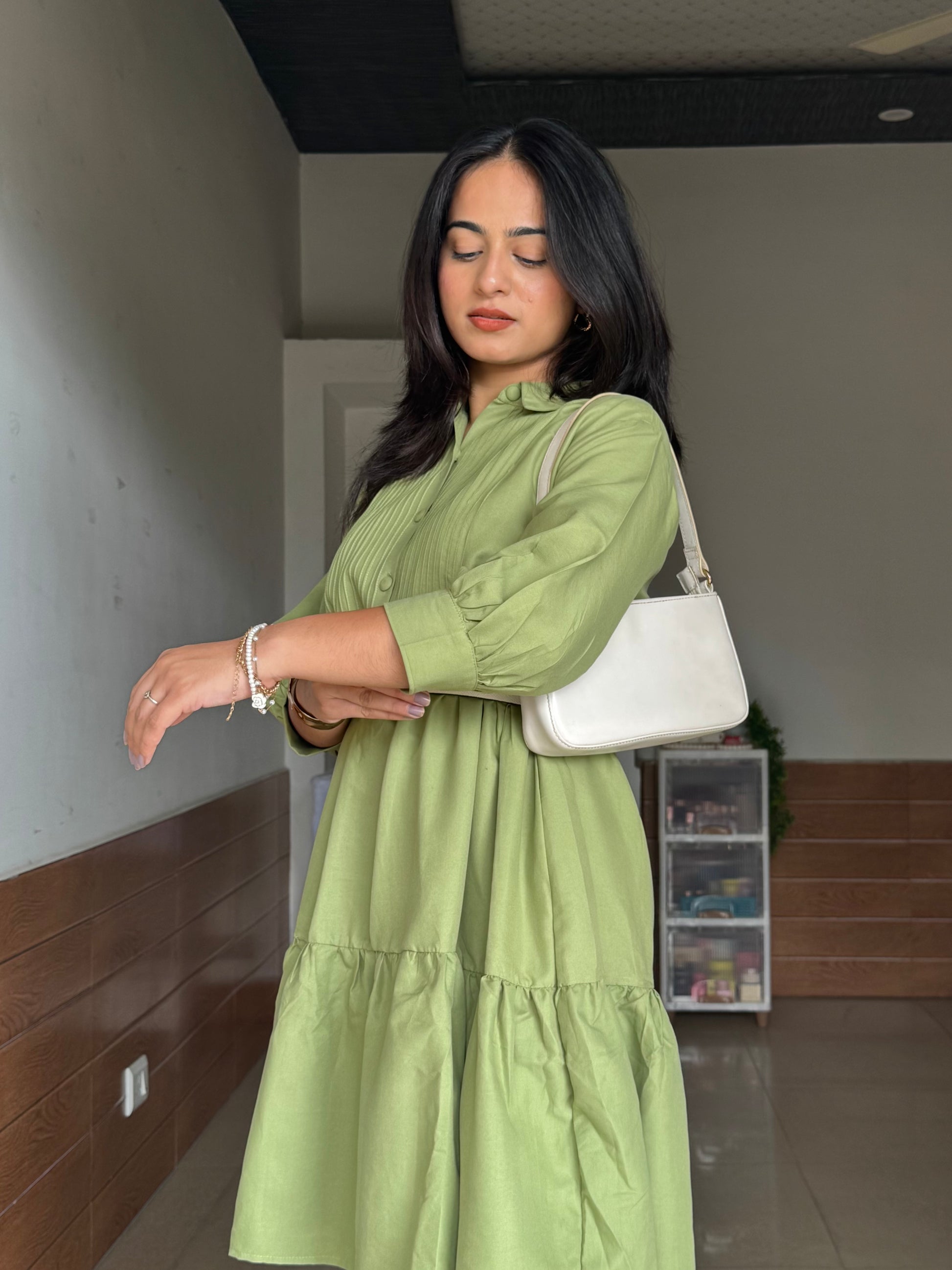 Syra Green Shirt Dress with Braided Stripes Belt Scoopstyle
