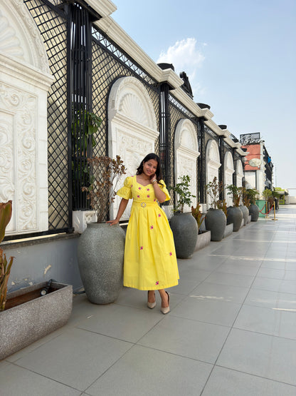 Yellow Butterfly Box Pleated Midi Dress