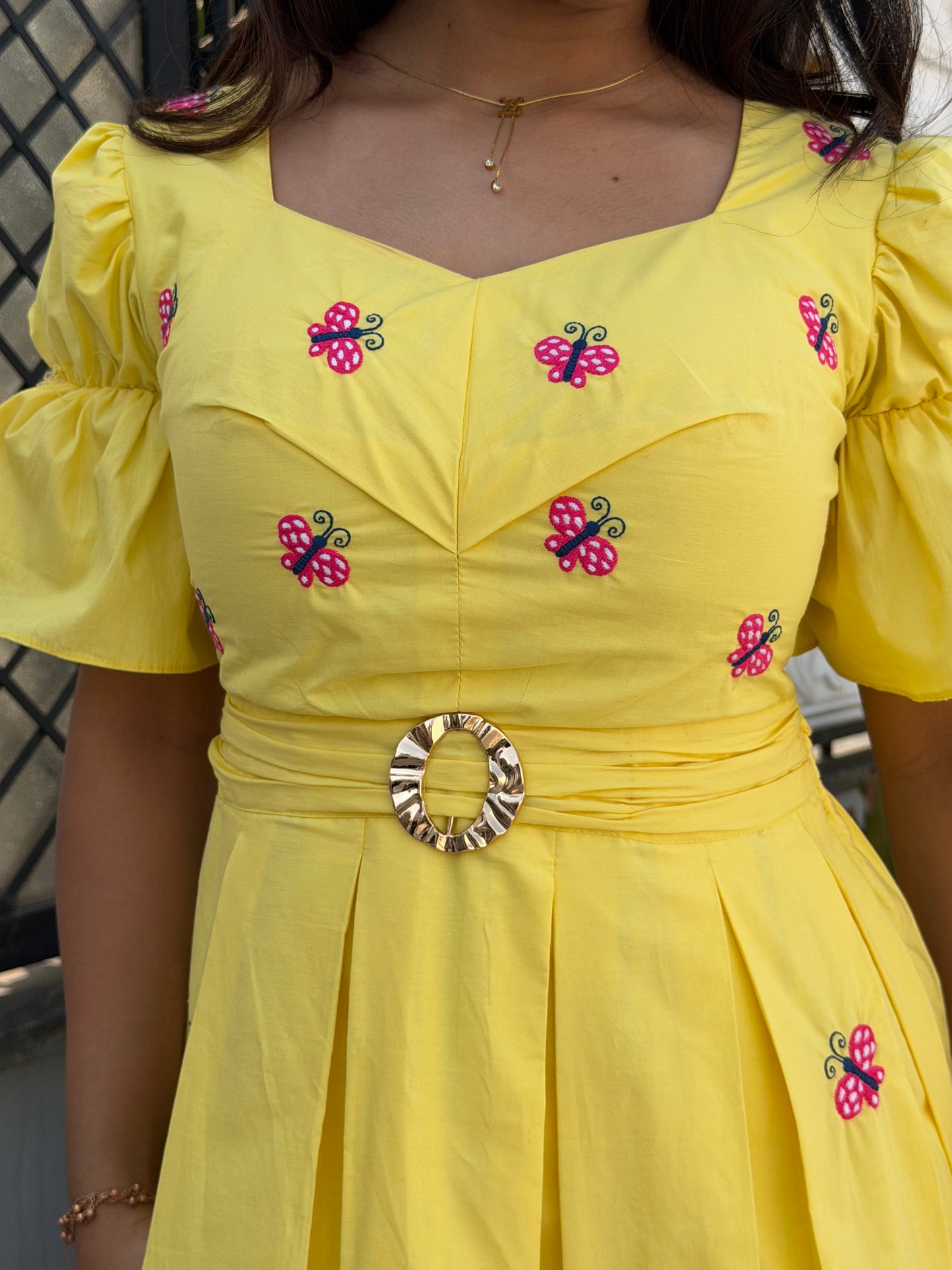 Yellow Butterfly Box Pleated Midi Dress