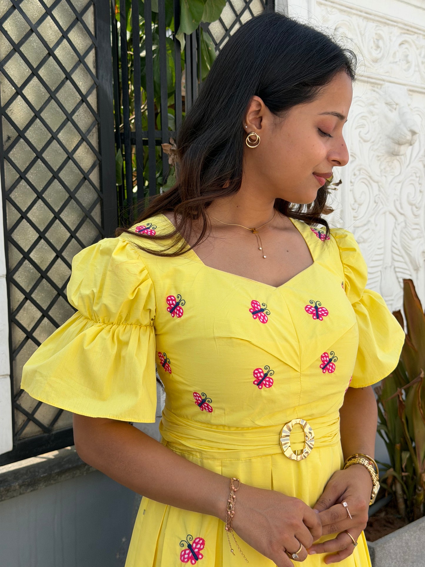 Yellow Butterfly Box Pleated Midi Dress