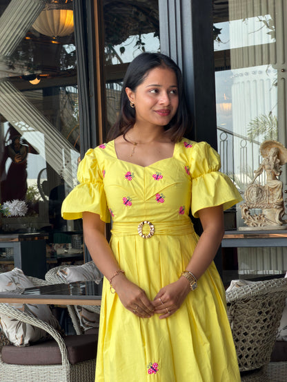 Yellow Butterfly Box Pleated Midi Dress