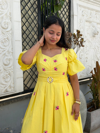 Yellow Butterfly Box Pleated Midi Dress