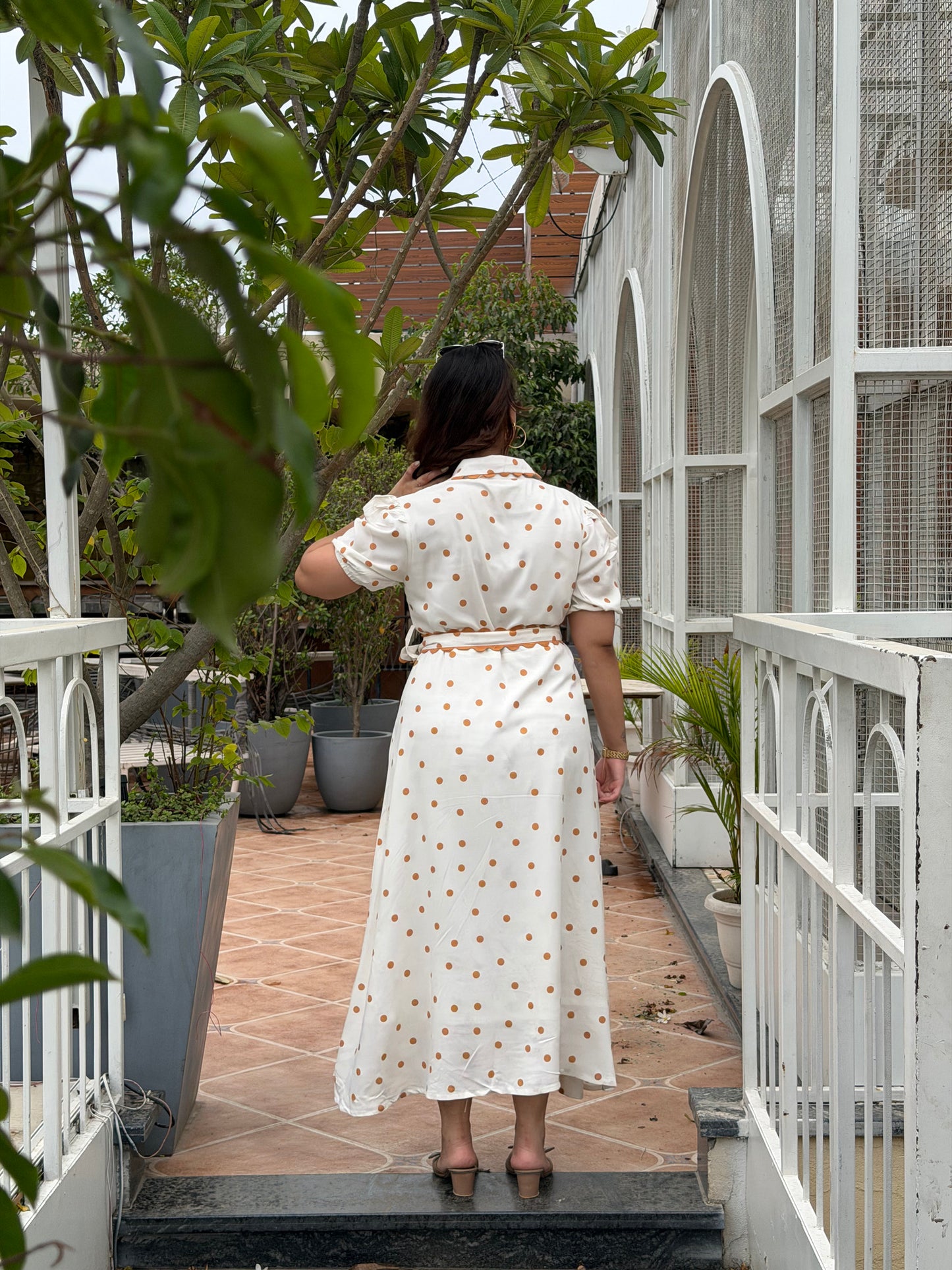 Caramel Polka Midi Dress