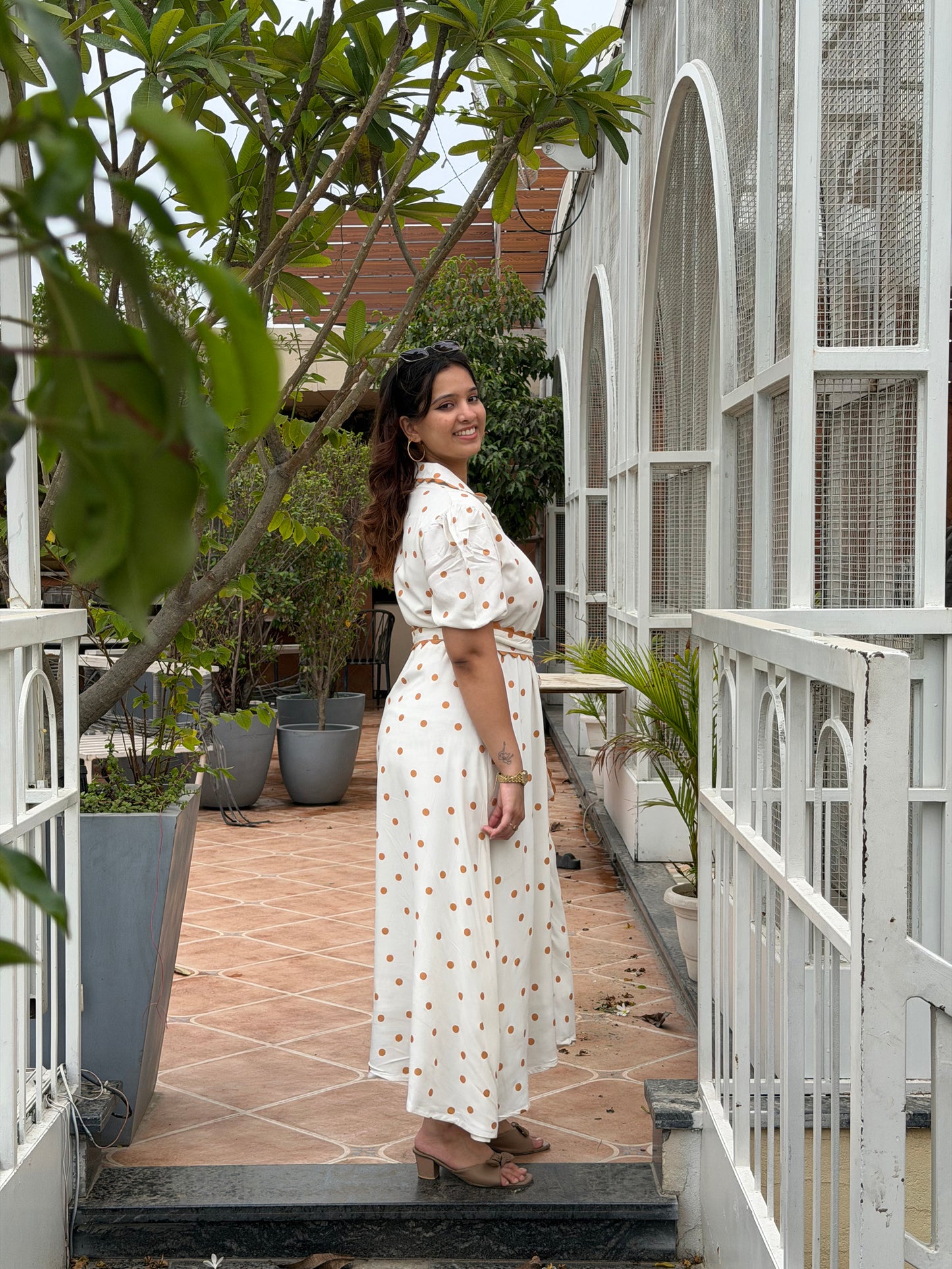 Caramel Polka Midi Dress