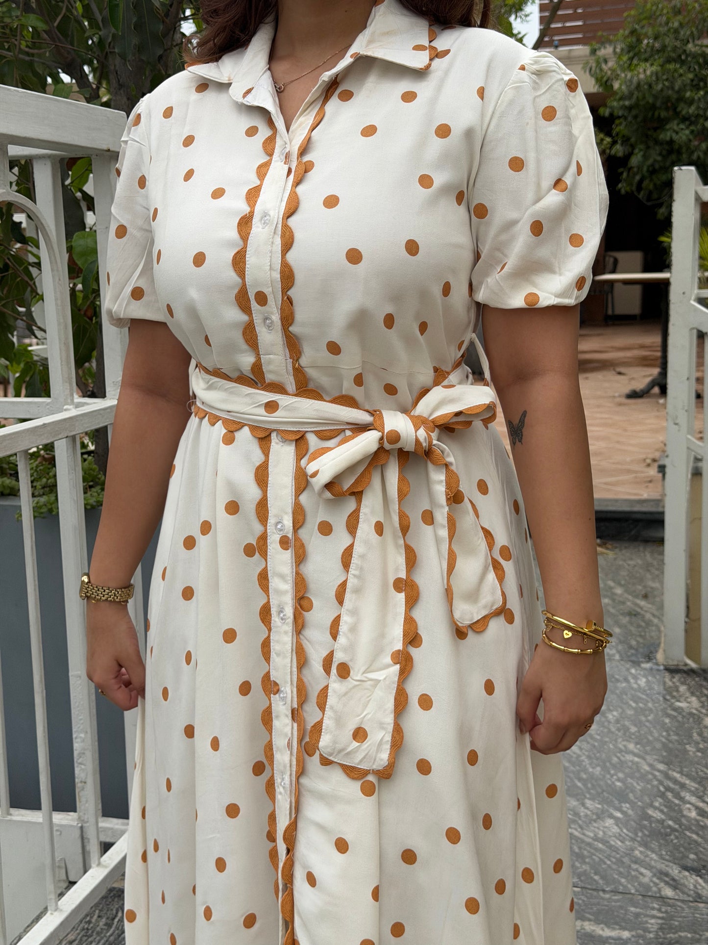 Caramel Polka Midi Dress